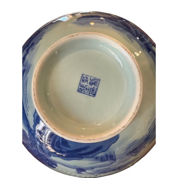 Vintage Chinese Blue/White Porcelain Bowl Mountains Water Home Fisherman - Picture 3 of 9